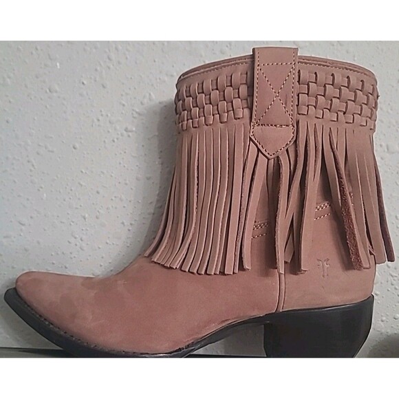 Frye Sacha Fringe Booties 8.5B Rose Taupe Suede Woven Western Ankle Boots NWOB - Picture 5 of 9